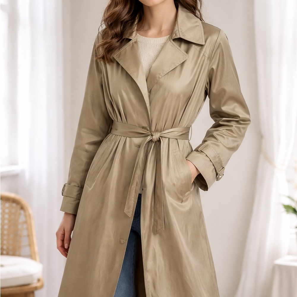 Vintage Etienne Aigner Trench Coat Tan Belted Leather Trim Size 12 Classic